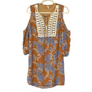 Sage Women's Cold Shoulder Bohemian Embroidered Tan Paisley Keyhole Dress Size S
